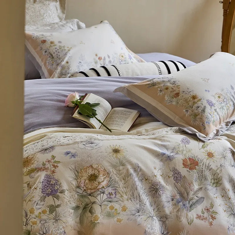 luxury bed sheets Soft Cotton Floral Duvet Cover Set - Purple