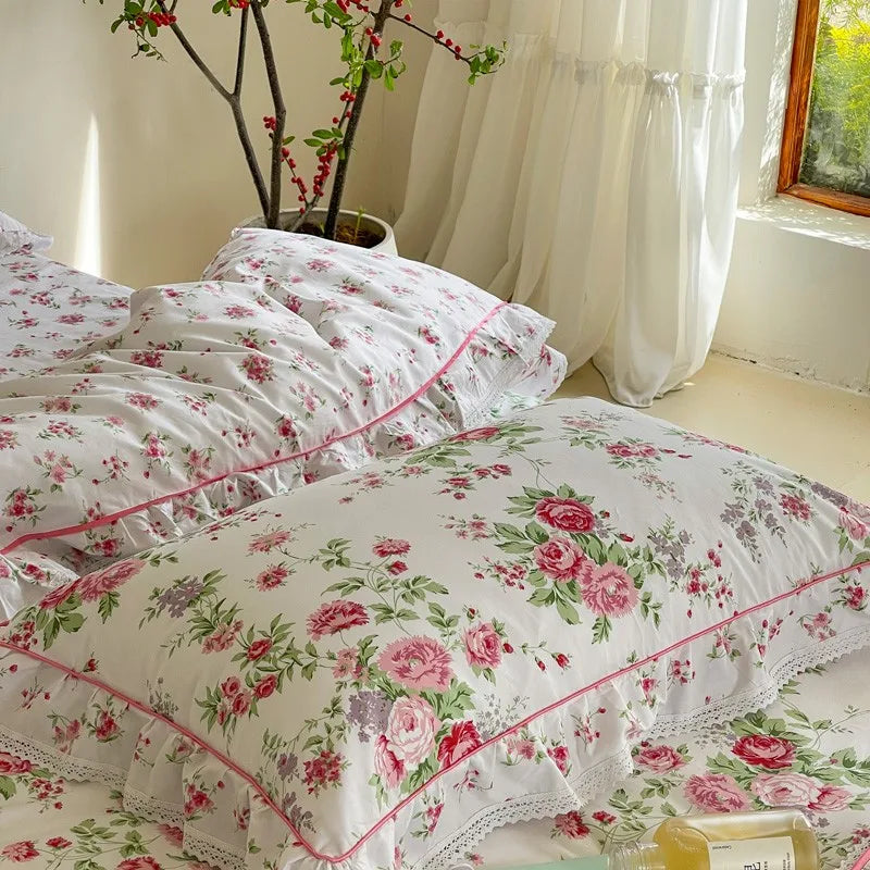 luxury bedding Cotton Floral Ruffle Duvet Cover Set - Pink