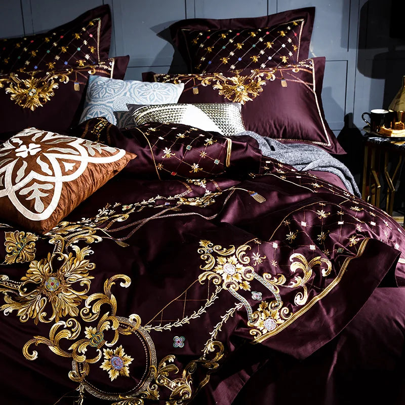 luxury bedding Egyptian Cotton Embroidered Bedding Set - Purple