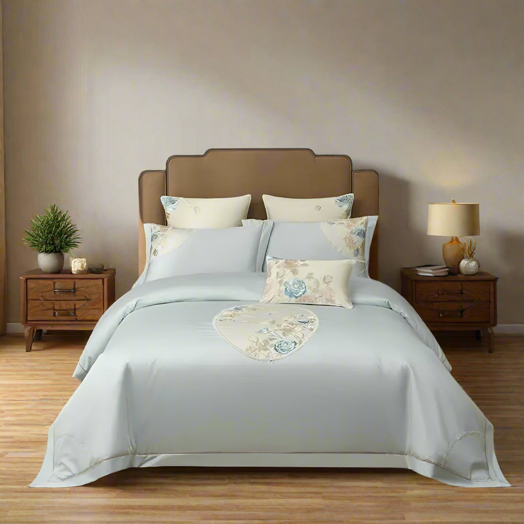 luxury bedding Egyptian Cotton Embroidered Patchwork Bedding Set - Blue