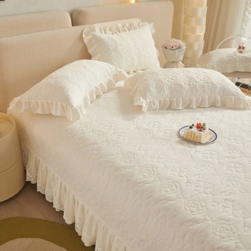 luxury bedding Quilted Floral Embossed Lace Bedding Set - White