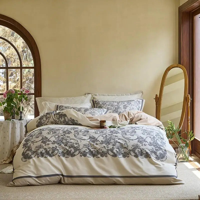 luxury bedding Soft Cotton Floral Duvet Cover Set - Gray