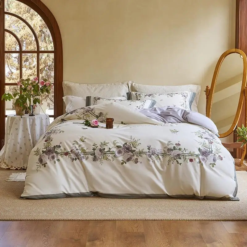 luxury bedding Soft Cotton Floral Duvet Cover Set - White