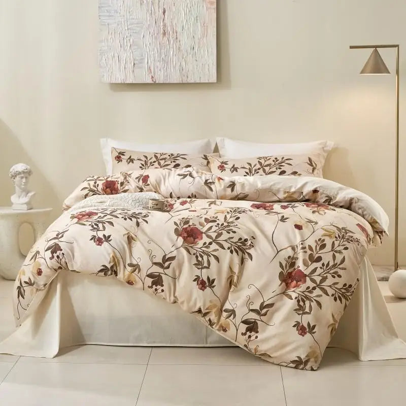 luxury bedding Ultra Soft 400TC Cotton Floral Printed Bedding Set - Beige