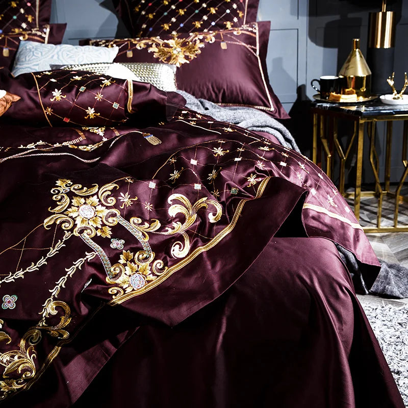 luxury linen  Egyptian Cotton Embroidered Bedding Set - Purple