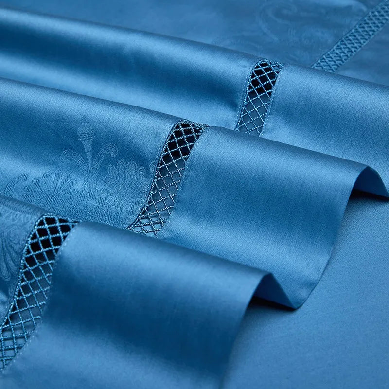luxury linen Egyptian Cotton Jacquard Wave Bedding Set - Blue