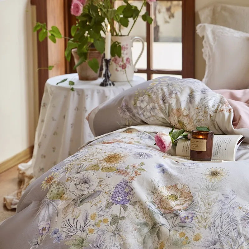 luxury sheets Soft Cotton Floral Duvet Cover Set - Lilac