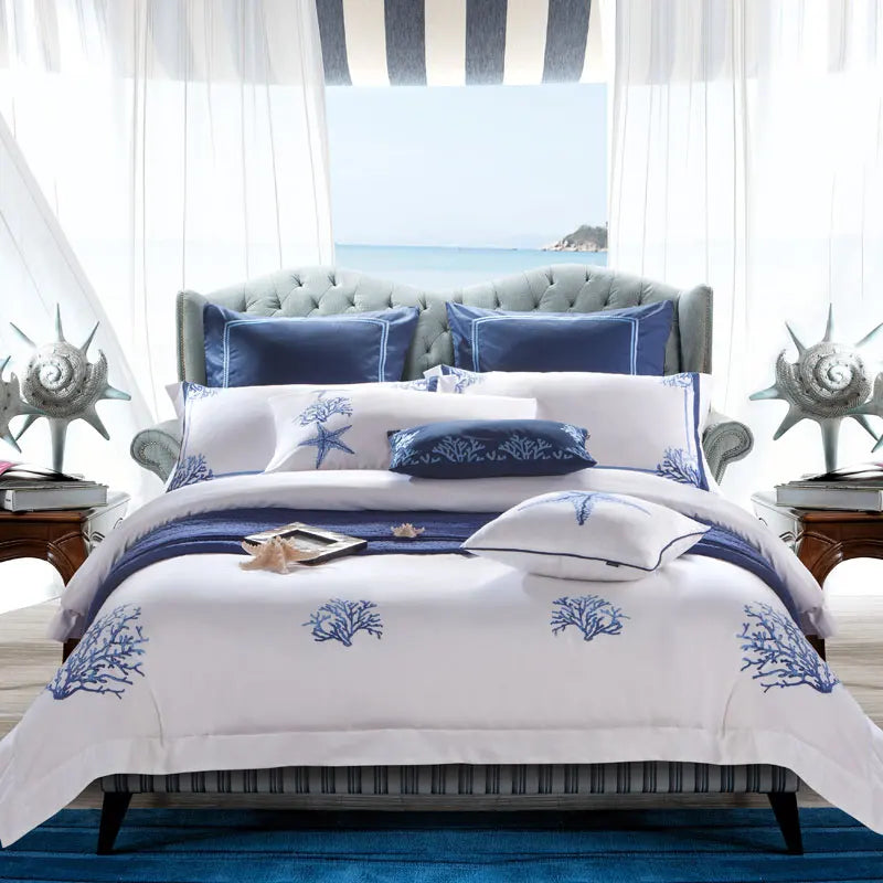 premium bed linen 600TC Blue Embroidery Egyptian Cotton Bedding Set
