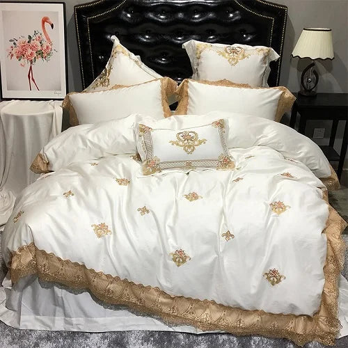 premium bed linen 600TC Luxurious Embroidered Cotton Ruffle Quilt Cover Set