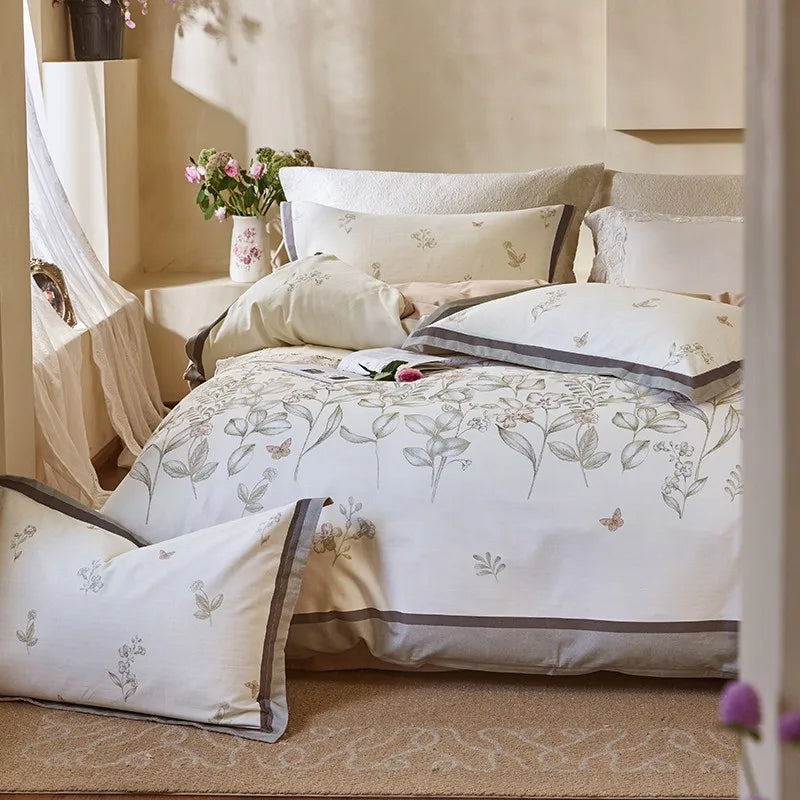 premium bed linen Soft Cotton Floral Duvet Cover Set - Cream