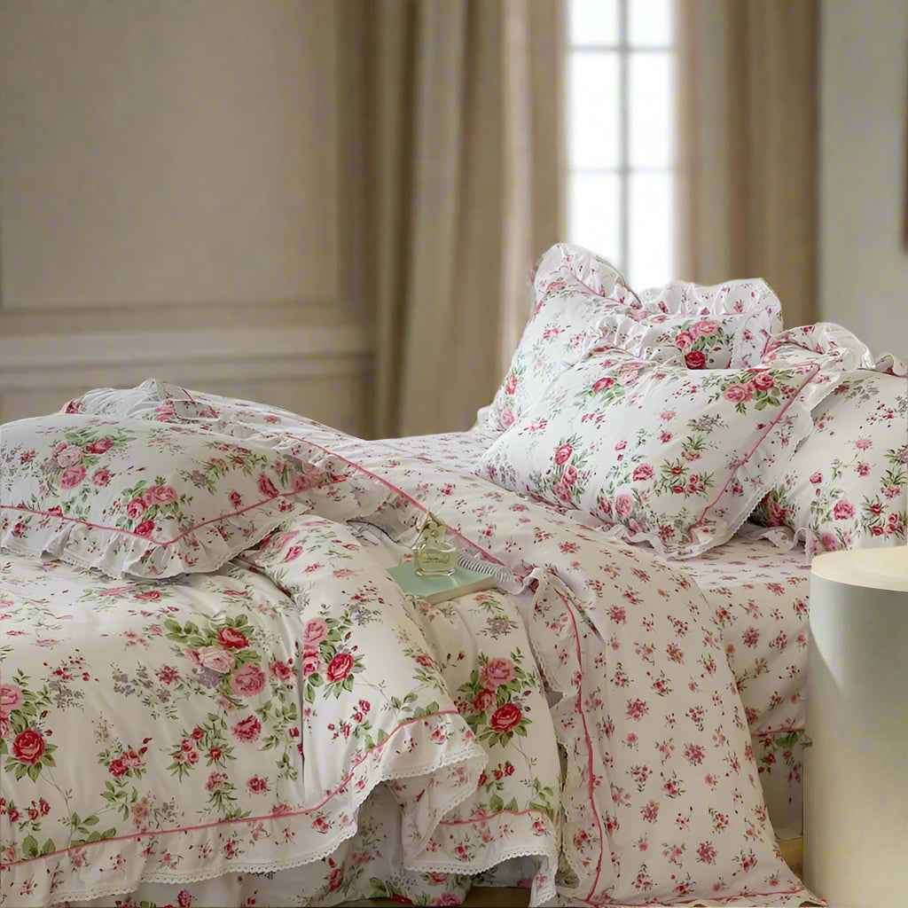 premium bed sheets Cotton Floral Ruffle Duvet Cover Set - Pink