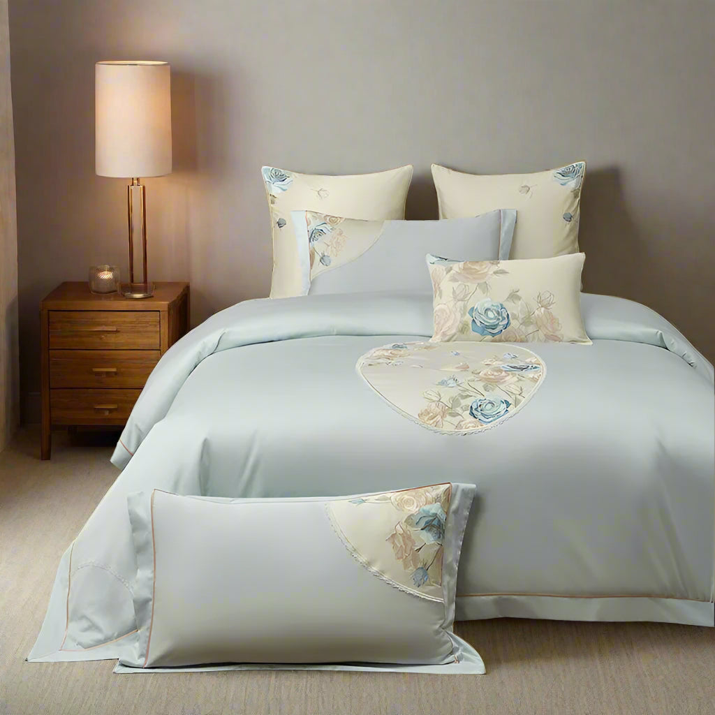 premium bed sheets Egyptian Cotton Embroidered Patchwork Bedding Set - Blue