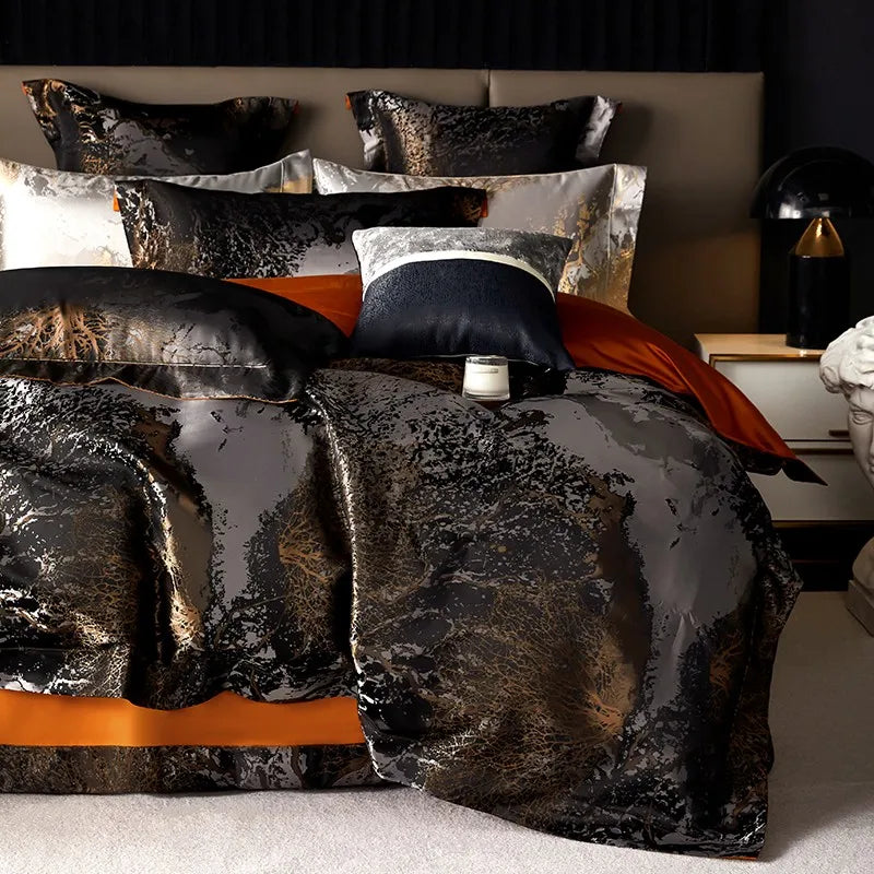 premium bed sheets Egyptian Cotton Satin Jacquard Bedding Set - Black