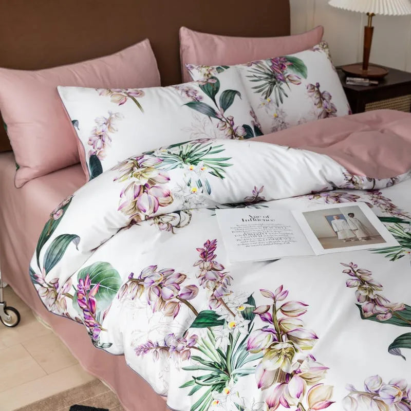 premium bed sheets Egyptian Cotton Tropical Leaves Floral Bed Set - White