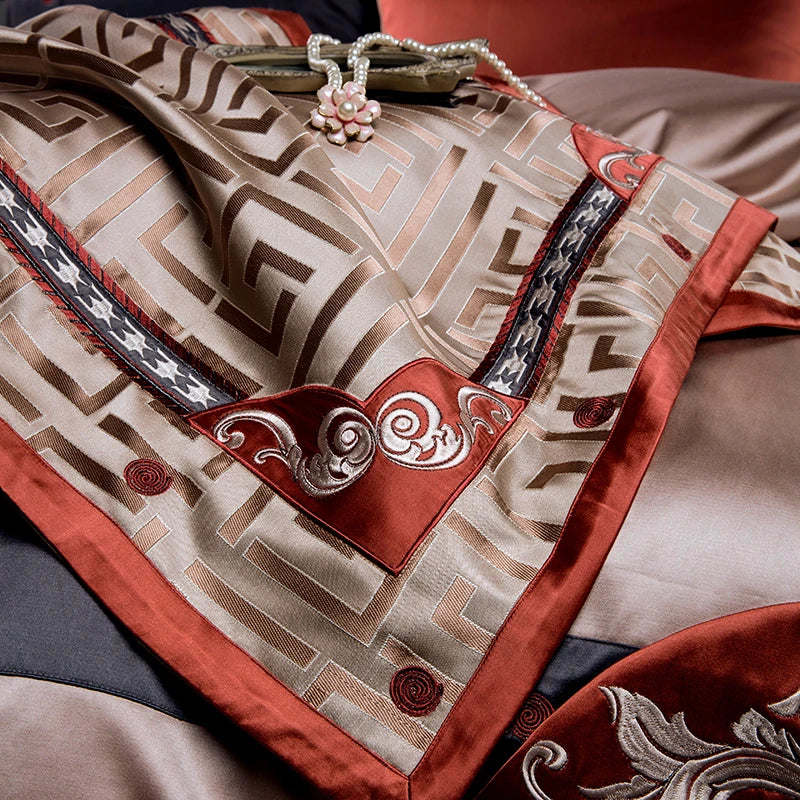 premium bed sheets Jacquard Style Cotton Satin Bedding Set with Embroidery - Rust