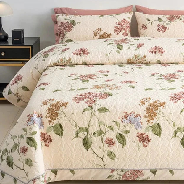 premium linen 500TC Floral 3Pcs Lightweight Cotton Quilt Set includes bedspread and pillowcases