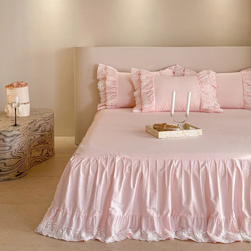premium linen 600TC Pink 100%Egyptian Cotton Ruffle Lace Bedding set