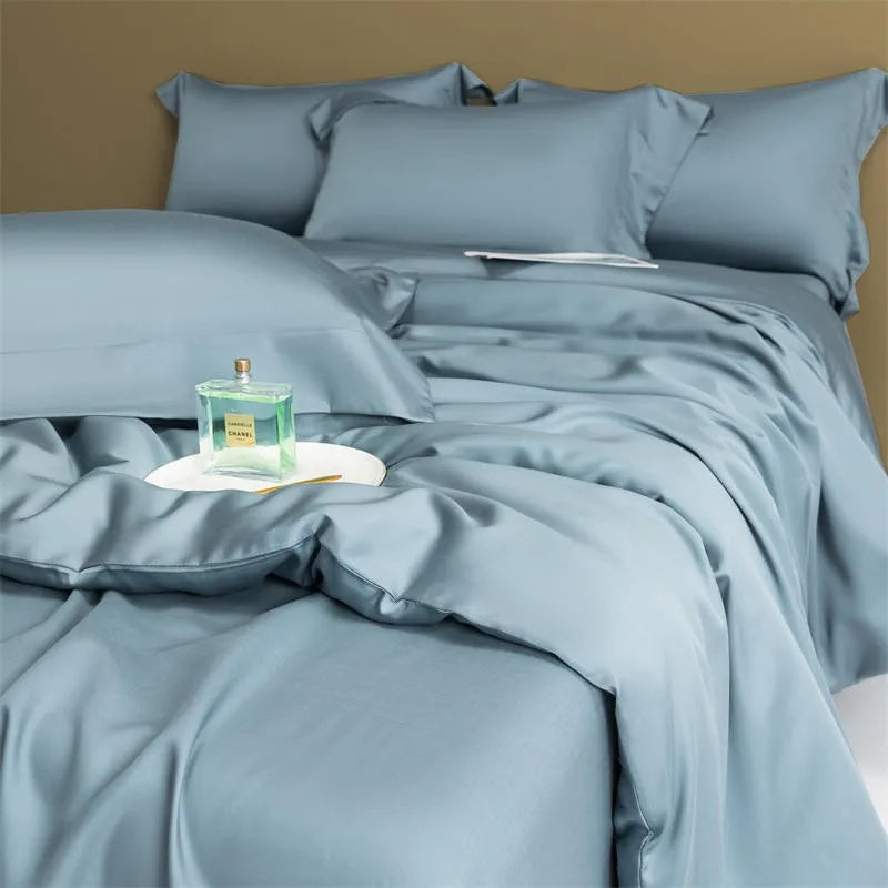 premium linen Solid Color 600TC Eucalyptus Lyocell Bedding Set - Ocean Blue