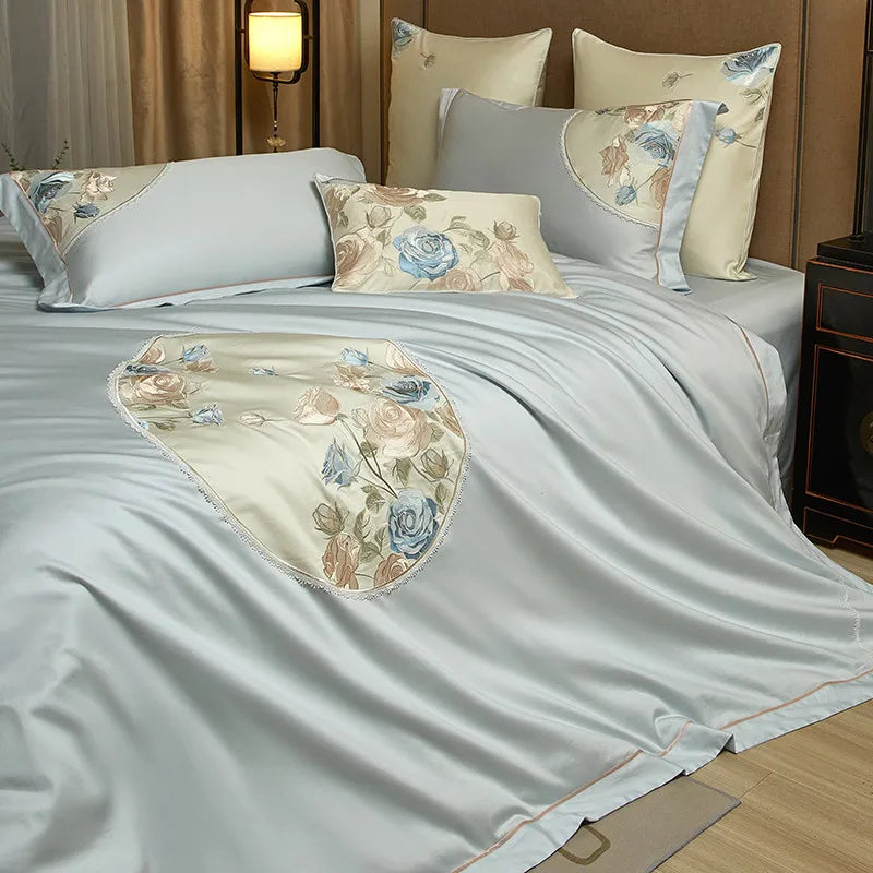 premium sheets Egyptian Cotton Embroidered Patchwork Bedding Set - Blue