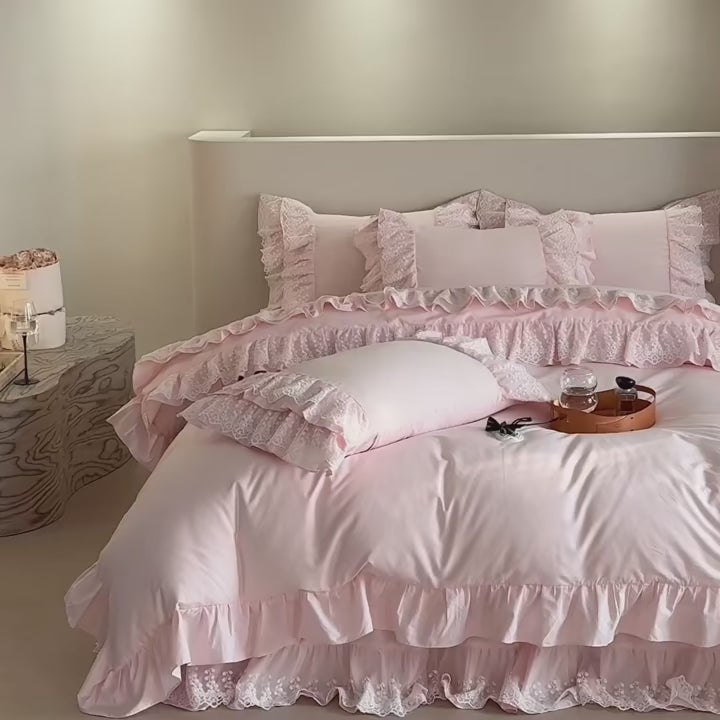 breathable luxury bedding for summer 600TC Pink 100%Egyptian Cotton Ruffle Lace Bedding set