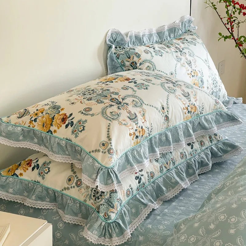 silk bed sheets Cotton Floral Ruffle Duvet Cover Set - Blue