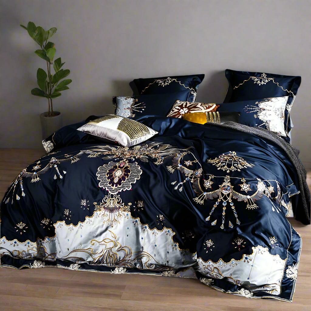 silk bed sheets Egyptian Cotton Embroidered Bedding Set - Blue