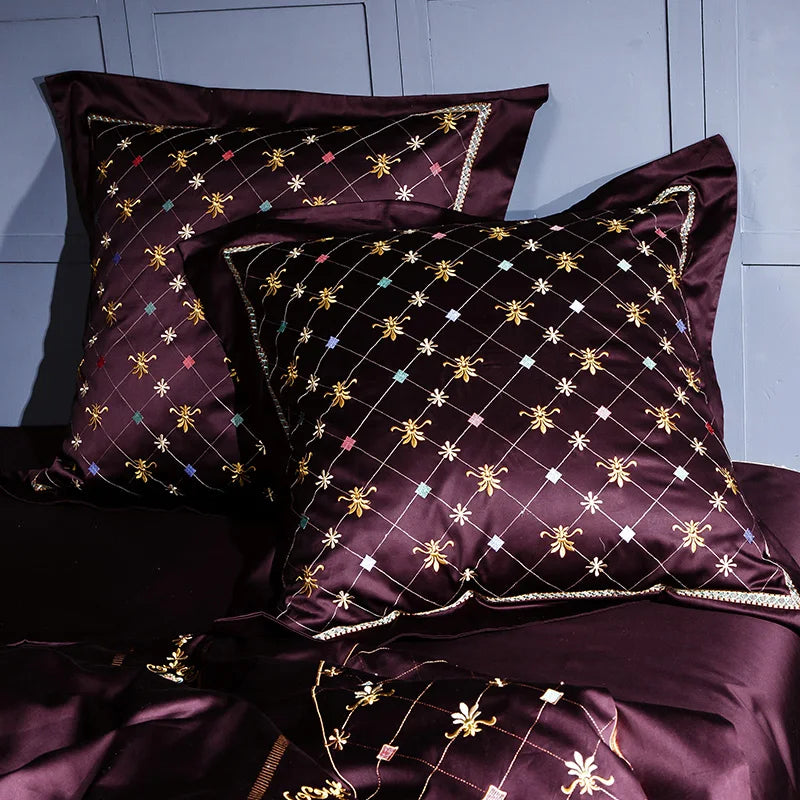 silk bed sheets Egyptian Cotton Embroidered Bedding Set - Purple