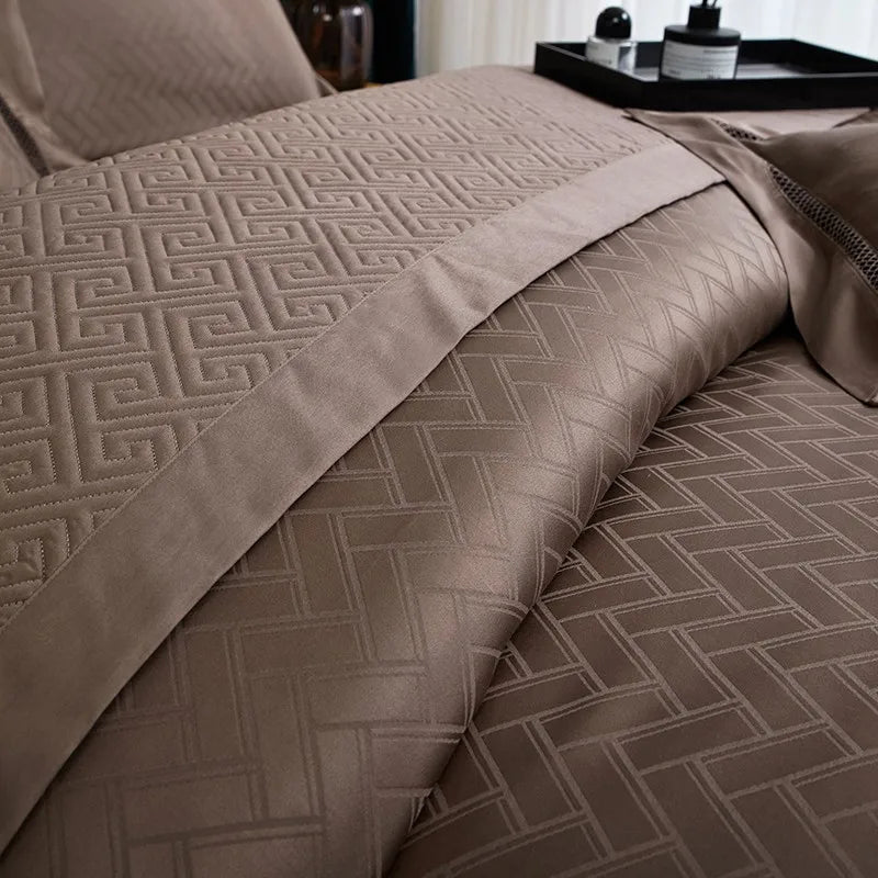 silk bed sheets Egyptian Cotton Jacquard Wave Bedding Set - Brown