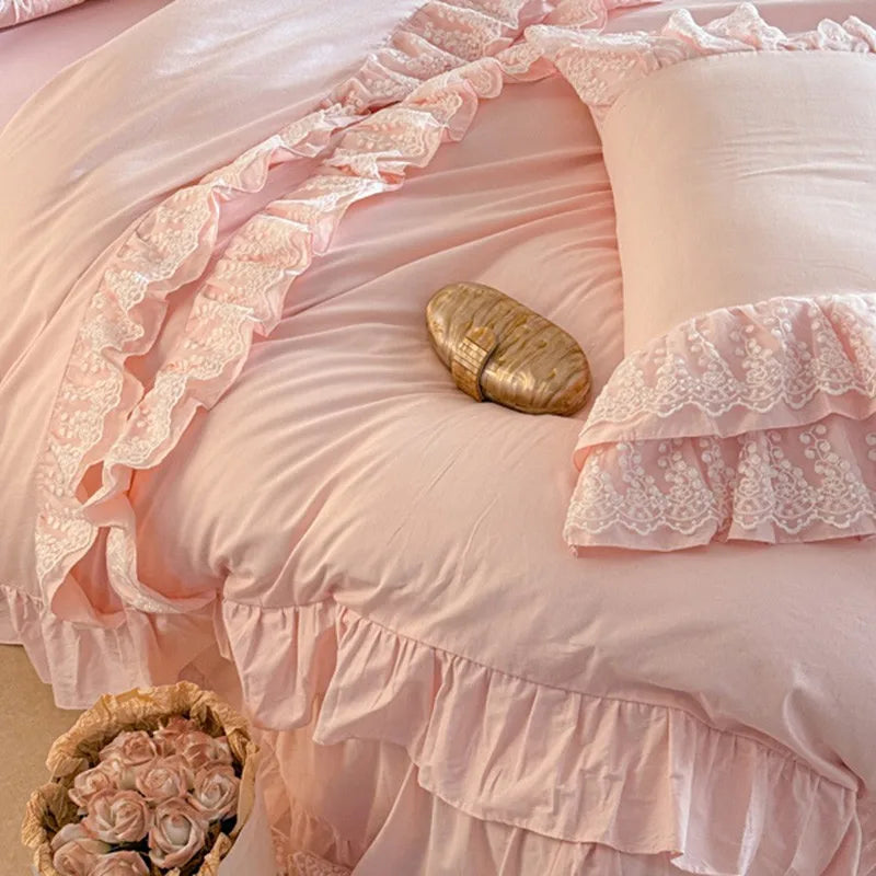silk  bedding 600TC Pink 100%Egyptian Cotton Ruffle Lace Bedding set