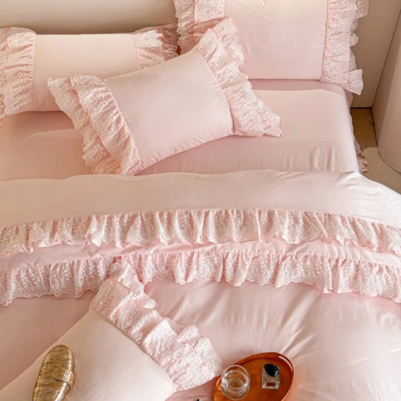 silk luxury bedding 600TC Pink 100%Egyptian Cotton Ruffle Lace Bedding set