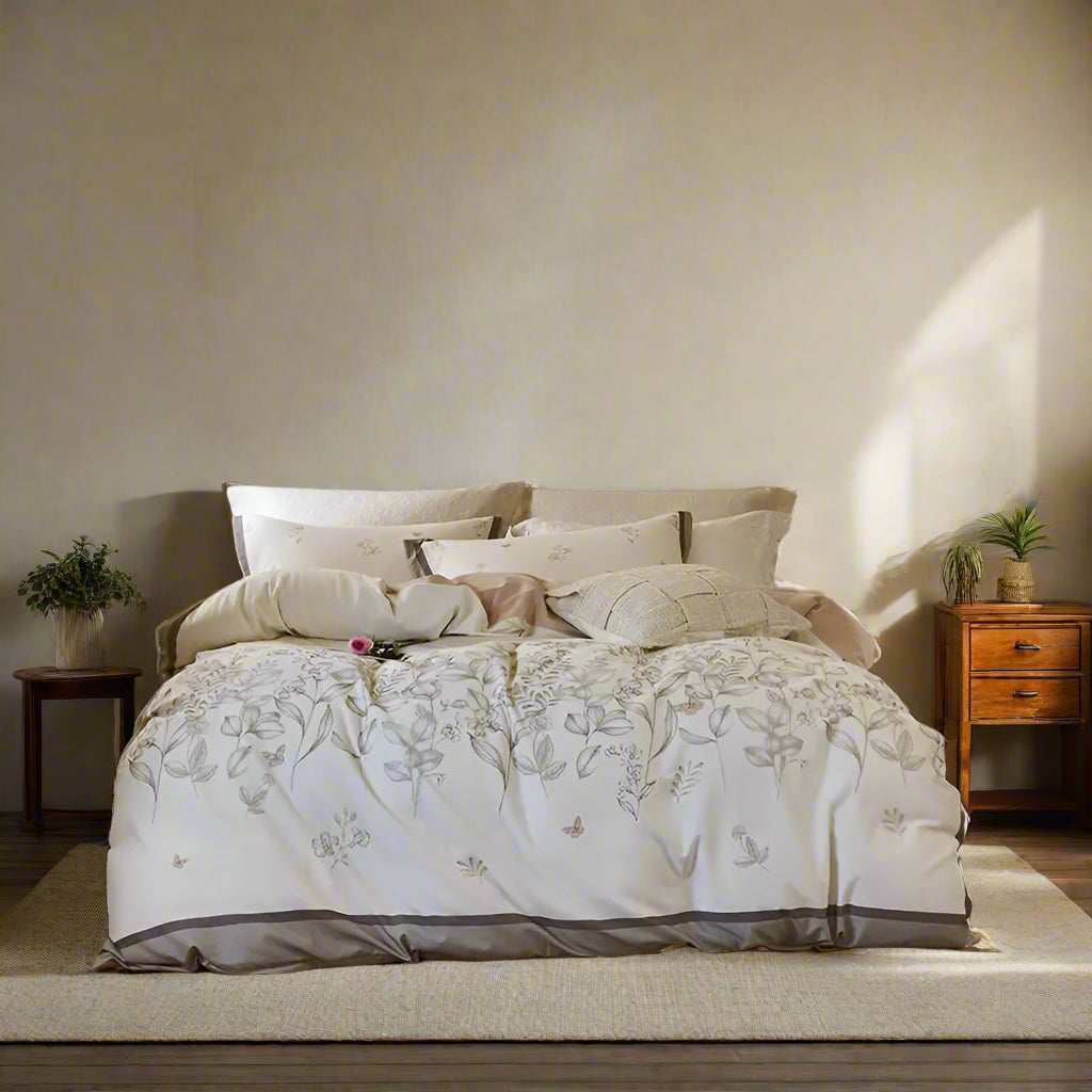 silk luxury bedding Soft Cotton Floral Duvet Cover Set - Cream