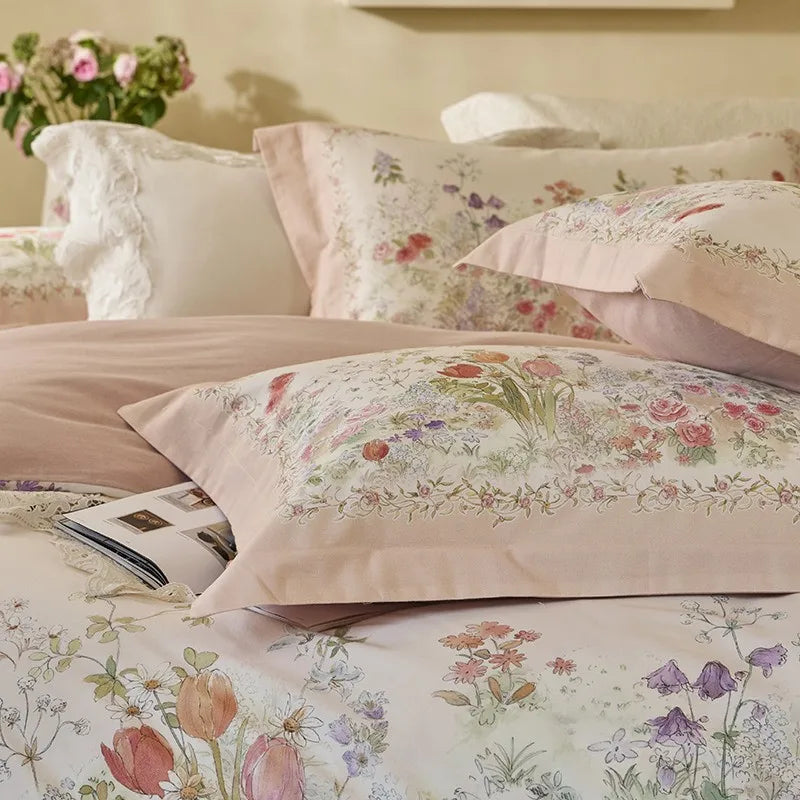 silk luxury bedding Soft Cotton Floral Duvet Cover Set - Light Orange