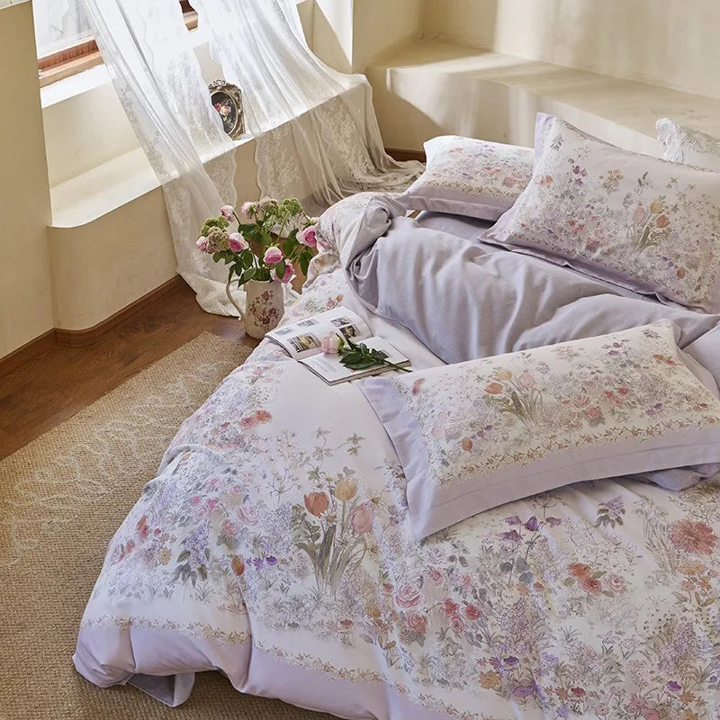 silk luxury bedding Soft Cotton Floral Duvet Cover Set - Lilac