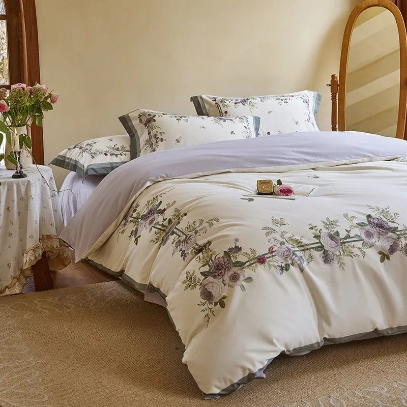 silk luxury bedding Soft Cotton Floral Duvet Cover Set - White