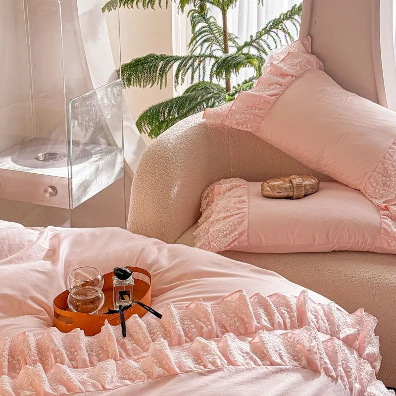 softest bed sheets 600TC Pink 100%Egyptian Cotton Ruffle Lace Bedding set