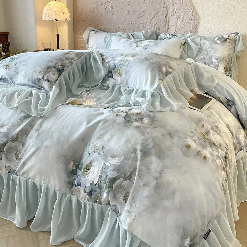 softest bed sheets French Romantic 600TC Cotton Floral Bedding Set - Blue