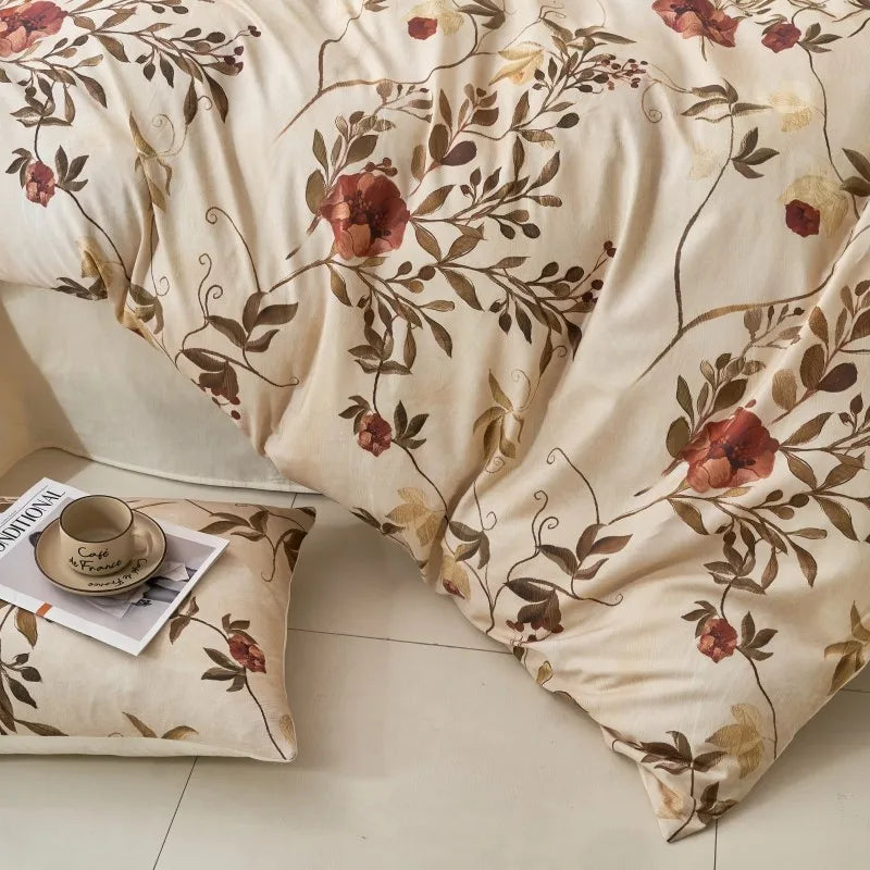 softest  bed sheets Ultra Soft 400TC Cotton Floral Printed Bedding Set - Beige