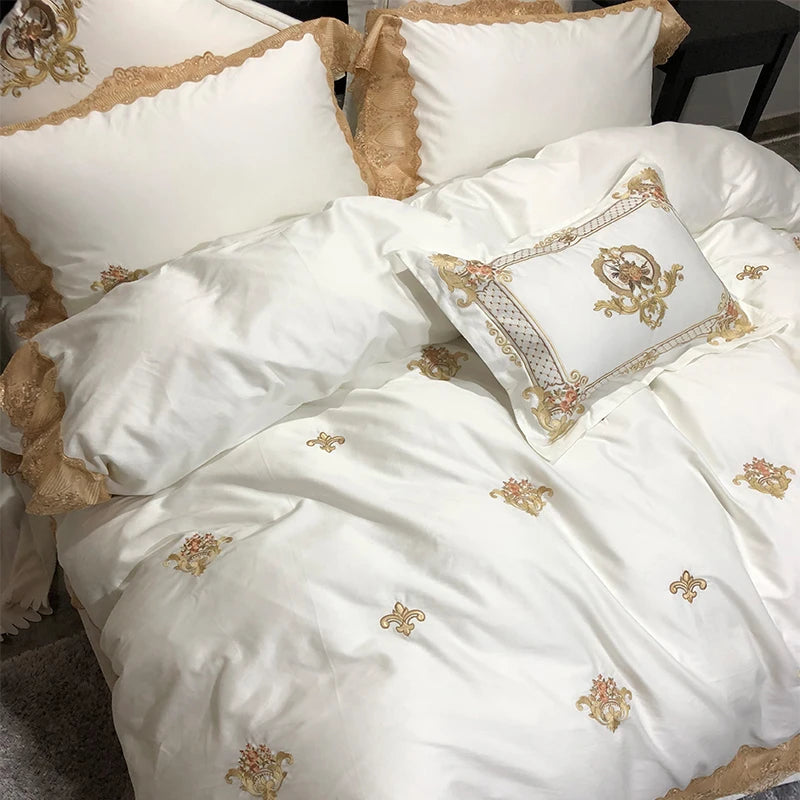 softest luxury bed sheets 600TC Luxurious Embroidered Cotton Ruffle Quilt Cover Set