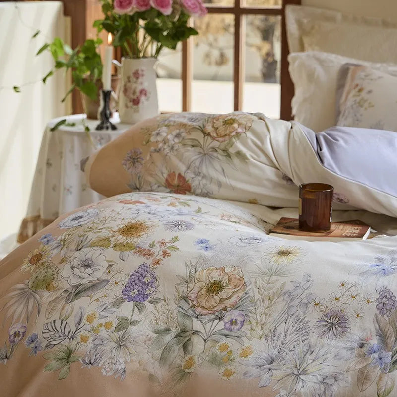 softest luxury bed sheets Soft Cotton Floral Duvet Cover Set - Peach