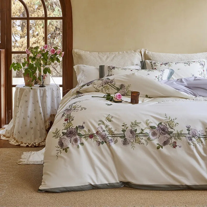 softest luxury bed sheets Soft Cotton Floral Duvet Cover Set - White